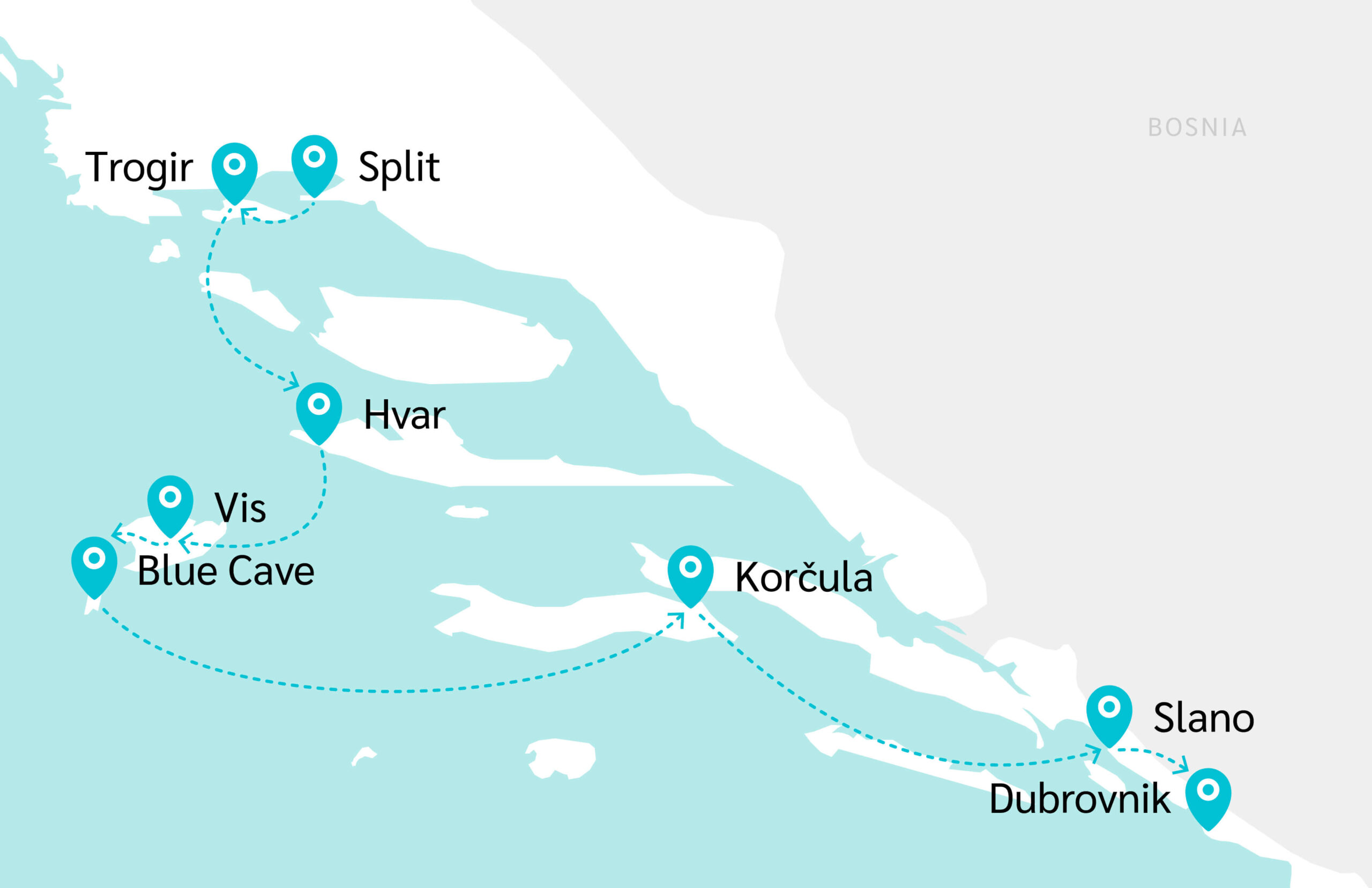 Map of Split to Dubrovnik Luxury Cruise