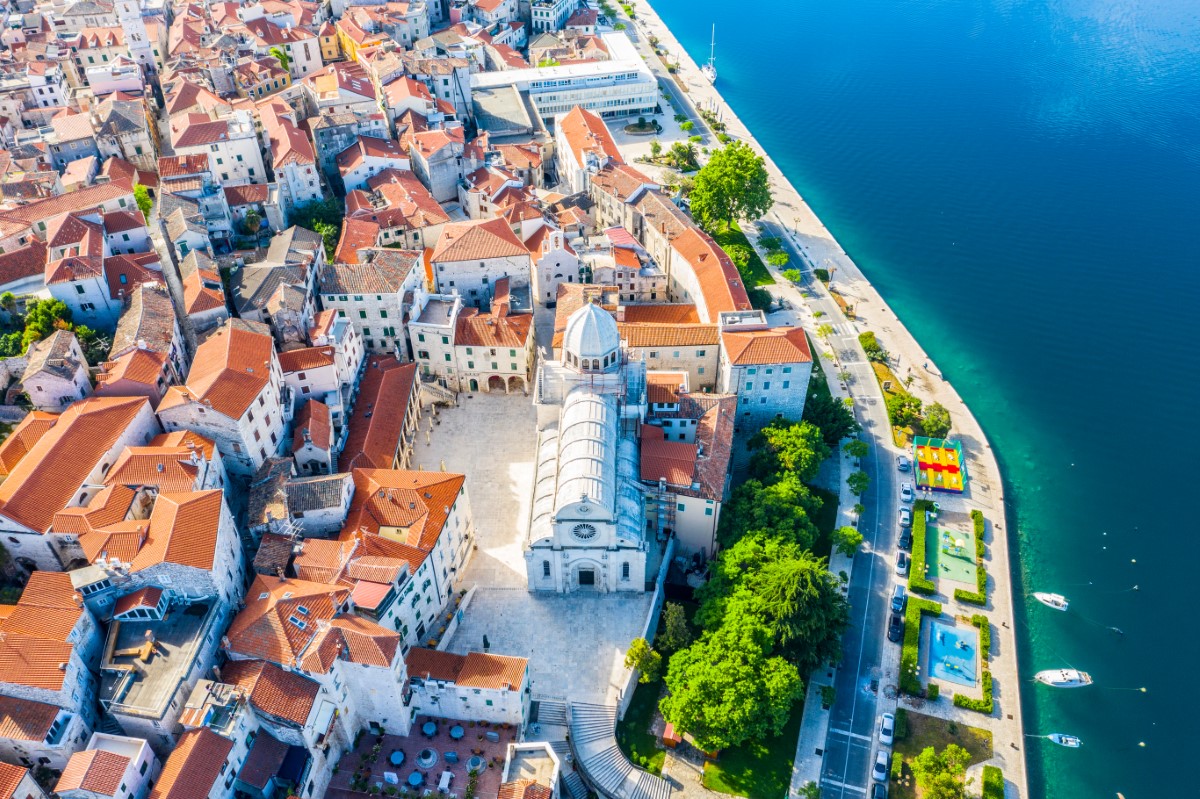 Aerial,View,Of,The,City,Of,Sibenik,In,The,Summer