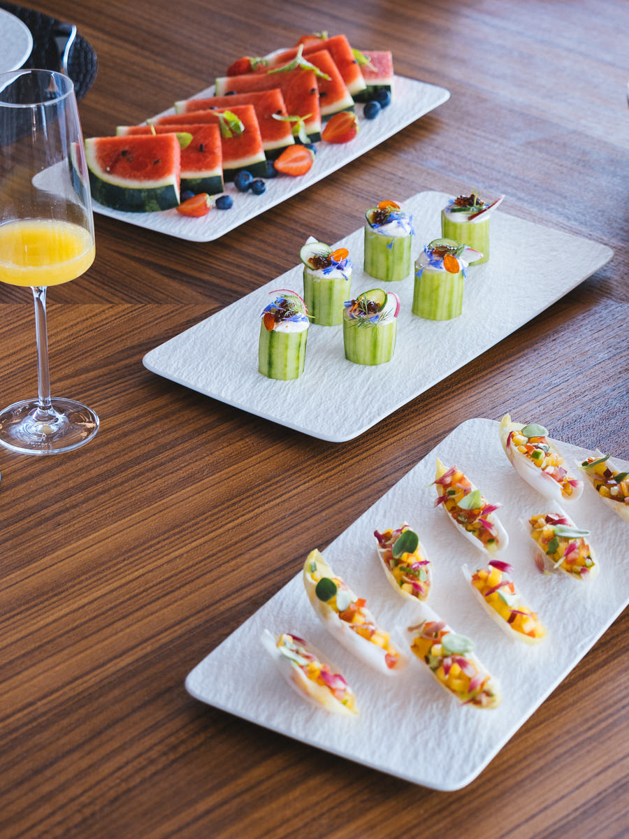 Amber One luxury catamaran - finger food and a fruit platter.