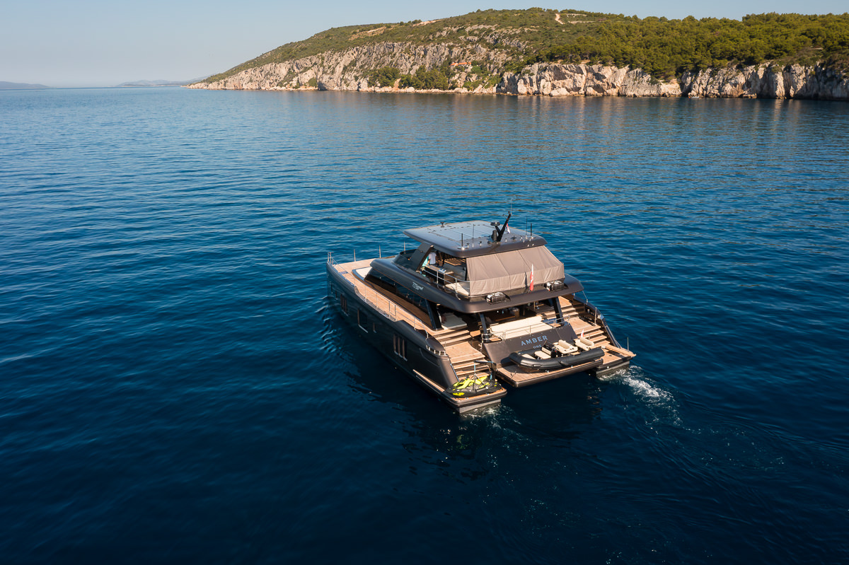 Amber One luxury catamaran - cruising the Adriatic Sea near the coast of Croatia.