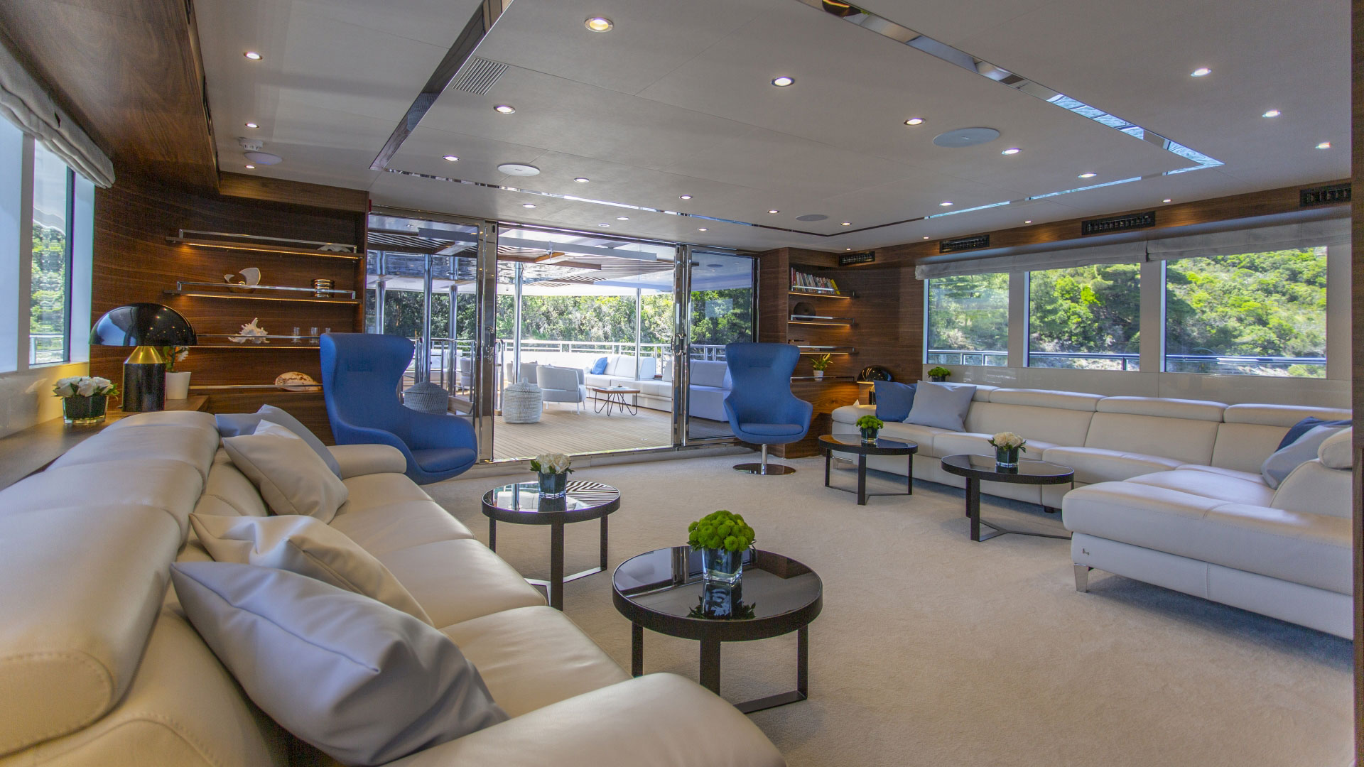 Anthea luxury yacht - big lounge area in the salon with big windows.