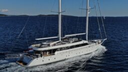 Aurum Sky sailing yacht - cruising the Adriatic Sea near Croatia coast - side view.
