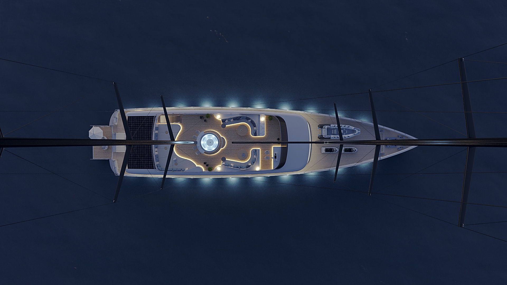 Adri sailing superyacht with 2 masts bird's eye view anchored in the Adriatic sea in Croatia nightshot