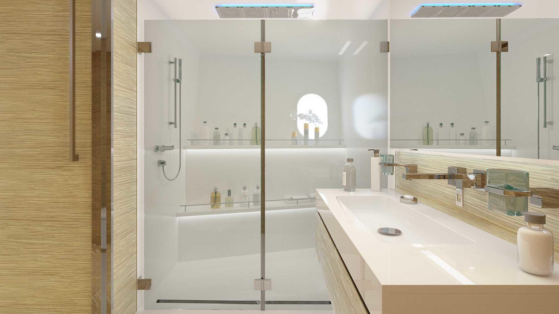 Argo luxury yacht - bathroom in a spacious ensuite cabin with a porthole