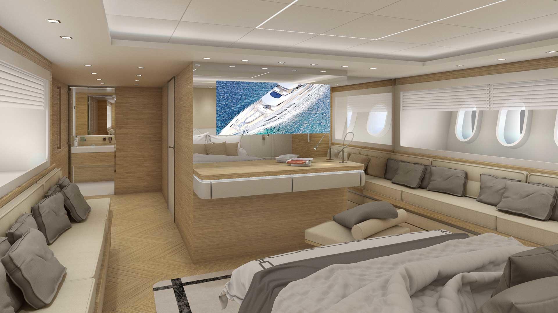Argo luxury yacht - spacious ensuite cabin with double bed, 2 big sofas, big screen TV and many windows